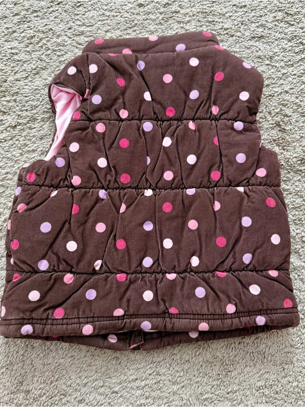 CARTERS Girls Vest Brown Pink Polka Dot Puffer Zip Up Sz 2T with Pockets